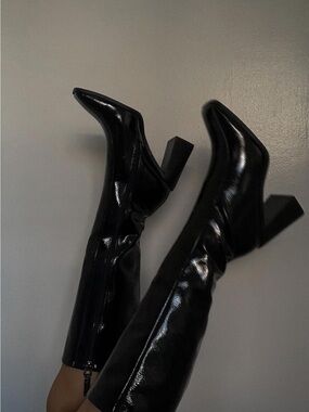 Princess Polly Black Patent Over-the-Knee Block Heel Boots